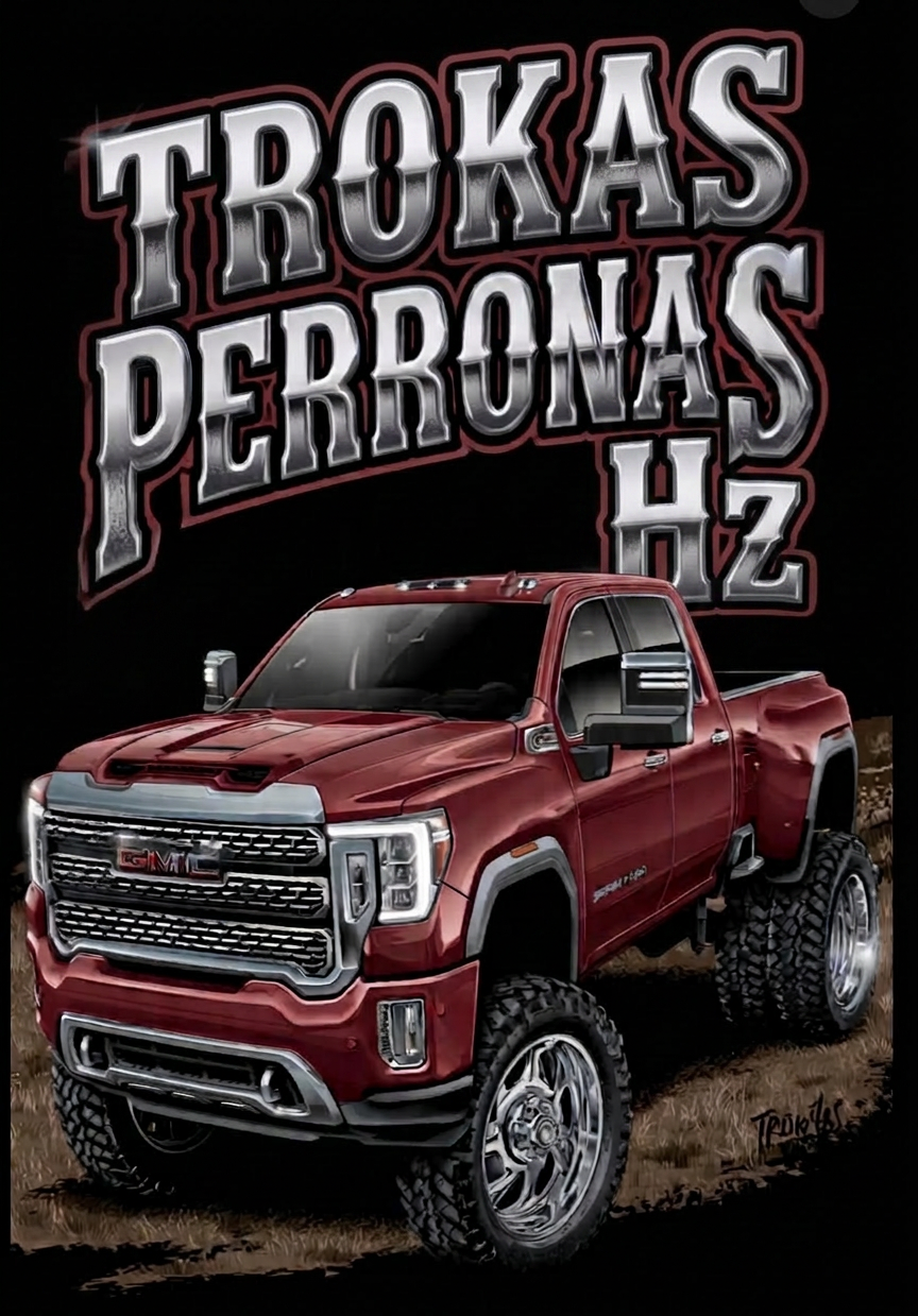 Lifted red GMC Sierra HD pickup truck with large off-road tires and chrome wheels